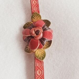 Red Flower Cowhide Leather Bracelet Adjustable Boho